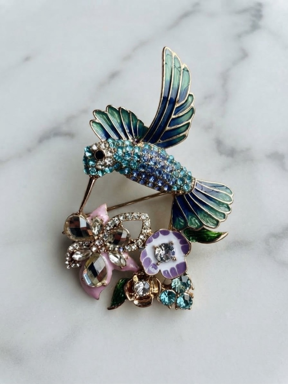 Anne Klein Hummingbird & Floral Rhinestone Enamel Brooch Pin